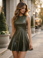 Sleeveless Olive Faux Leather Paneled Pleated Fit And Flare Mini Dress For Women 2026