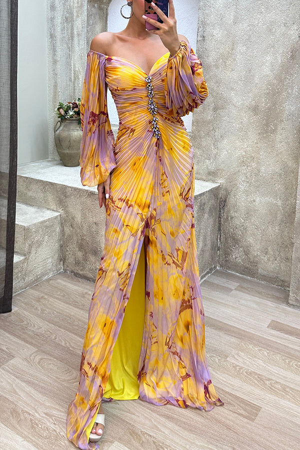 Off Shoulder Bishop Sleeve Jewel Embellished Plisse Abstract Print Maxi Gown