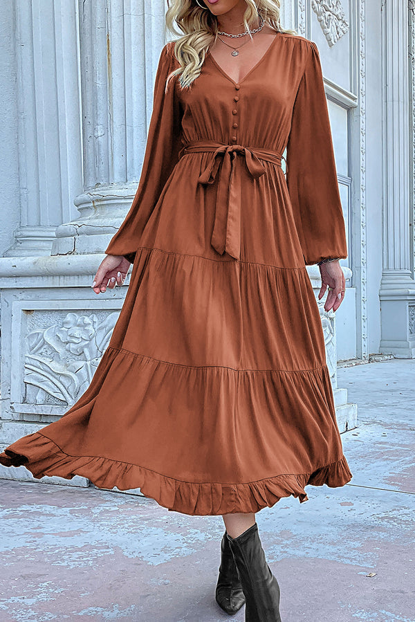 Scarlett Aesthetic Pleated Dress with Cinnamon Knots, Lantern Sleeves and Ruffled Hem Chic Silhouette Collection
