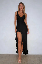 Deep V-Neck Ruched High Split Ruffle Trim Maxi Dress