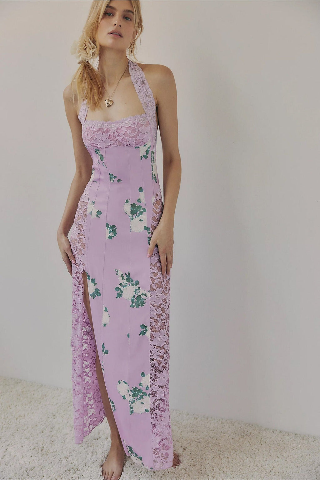 Floral Print Lace Panel Halter Neck High Split Maxi Dress