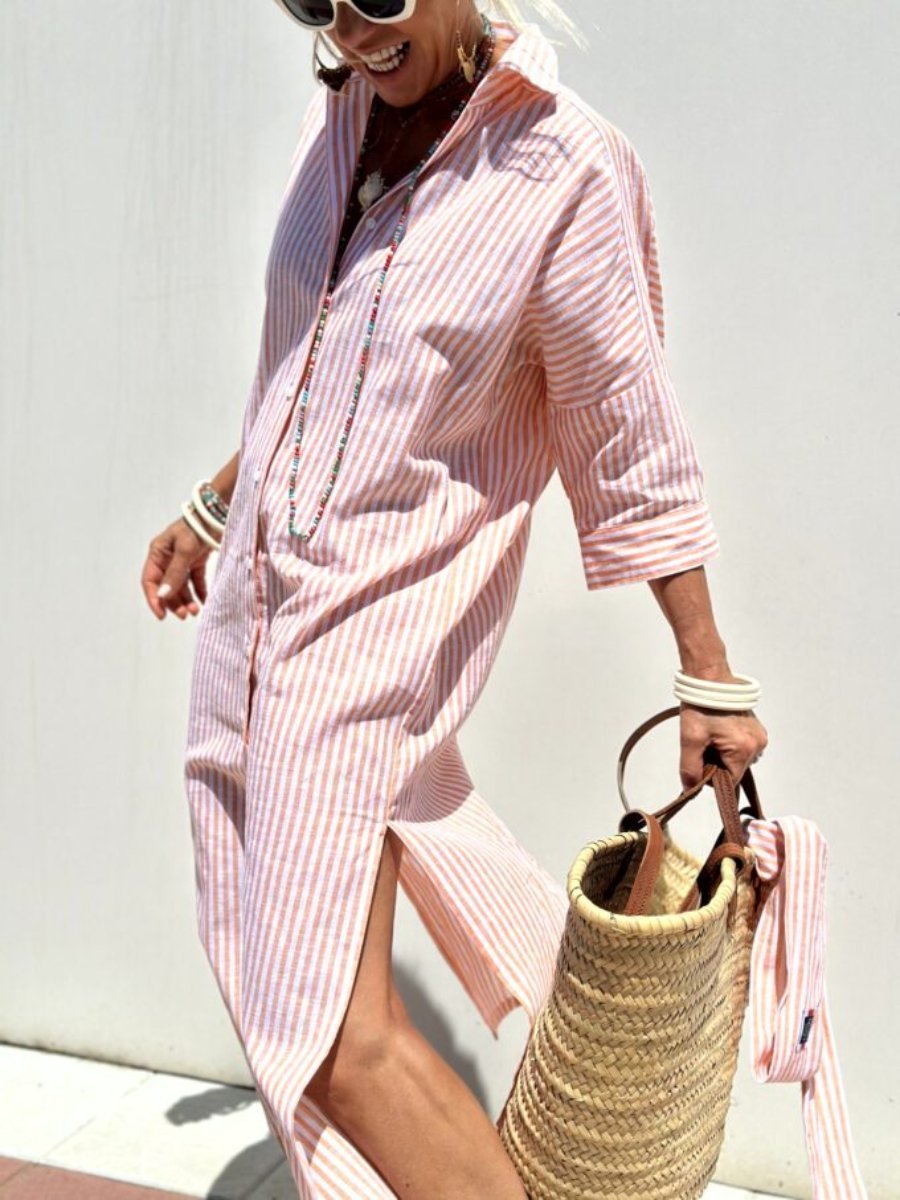 Vertical Stripe Long Sleeve Button Down Side Slit Midi Shirt Dress
