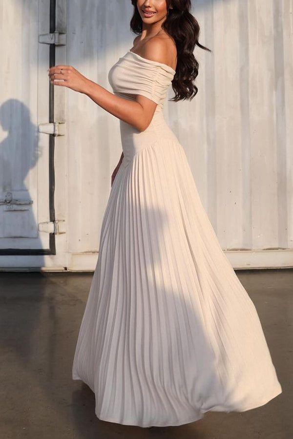 Off Shoulder Dropped Waist Accordion Pleated Maxi Dress