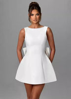 Boat Neck Pearl Trim Structured Pleated Bow Back Fit and Flare Mini Dress