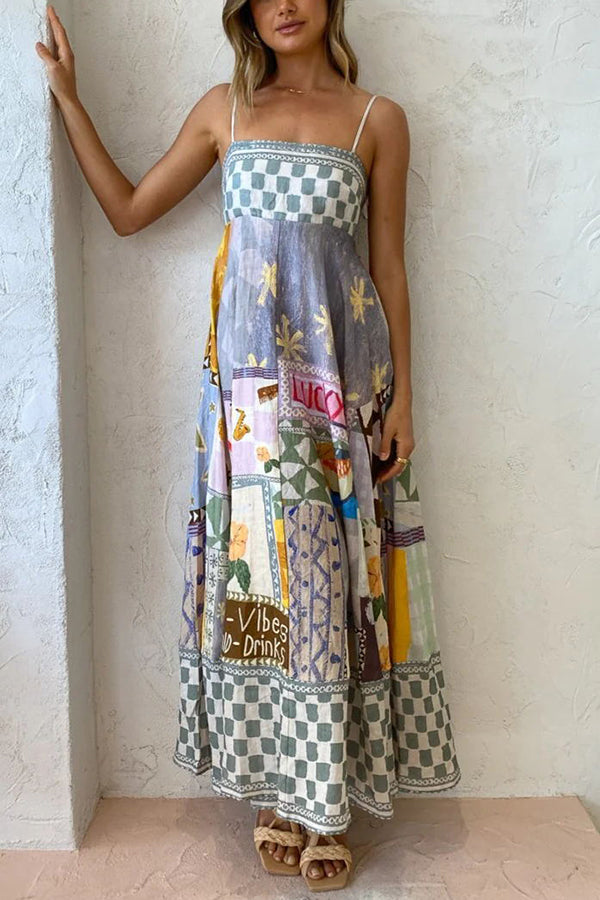Gingham Trim Patchwork Graphic Print Square Neck Spaghetti Strap Maxi Dress