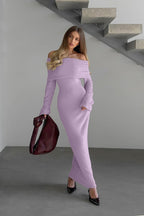 Knitted Off-the-Shoulder Elegant Fitted Waist Maxi Dress