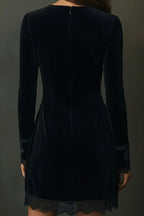 Fashionable Velvet V-neck Long-sleeved Lace-trimmed Mini Dress