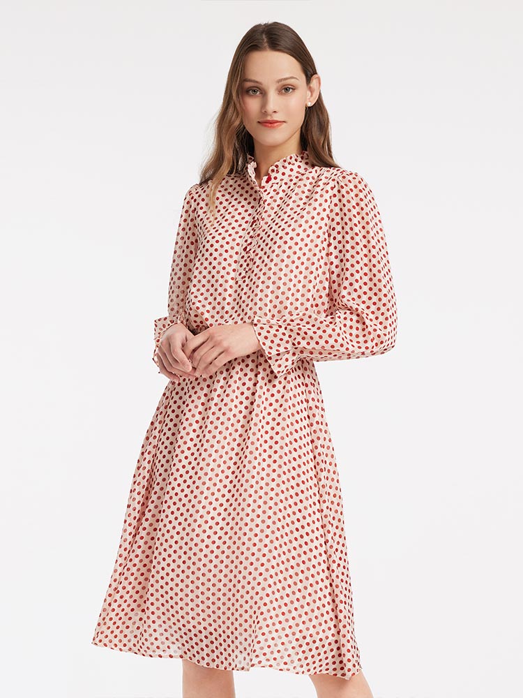 Polka Dot Mock Neck Button Front Ruffle Cuff Fit and Flare Midi Dress