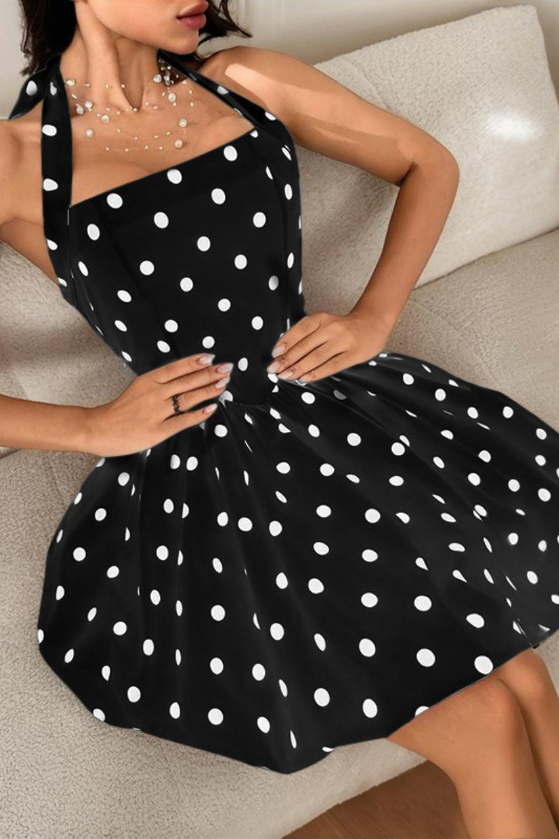 Halter Neck Bubble Hem Polka Dot Fit And Flare Mini Dress