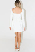Pearl Embellished Square Neck Long Sleeve Fit and Flare Mini Dress