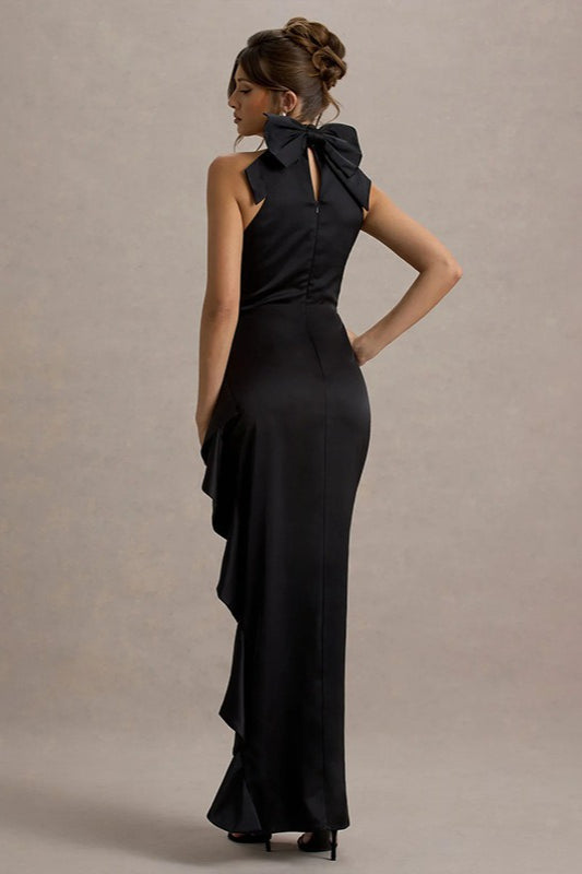 Satin Mock Neck Halter Bow Back Ruched High Split Maxi Gown