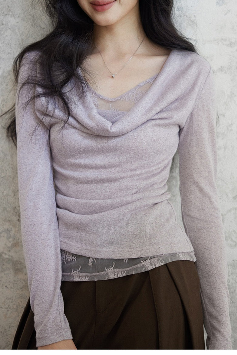 Mock Two Piece Draped Lace Knit Top