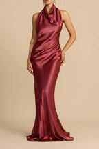 Satin Halter Neck Cowl Draped Bias Cut Trumpet Maxi Gown