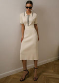 Ribbed Knit Polo Collar Contrast Trim Short Sleeve Midi Dress