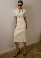 Ribbed Knit Polo Collar Contrast Trim Short Sleeve Midi Dress