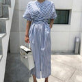 Fashion striped cross-tie dress with front slit skirt