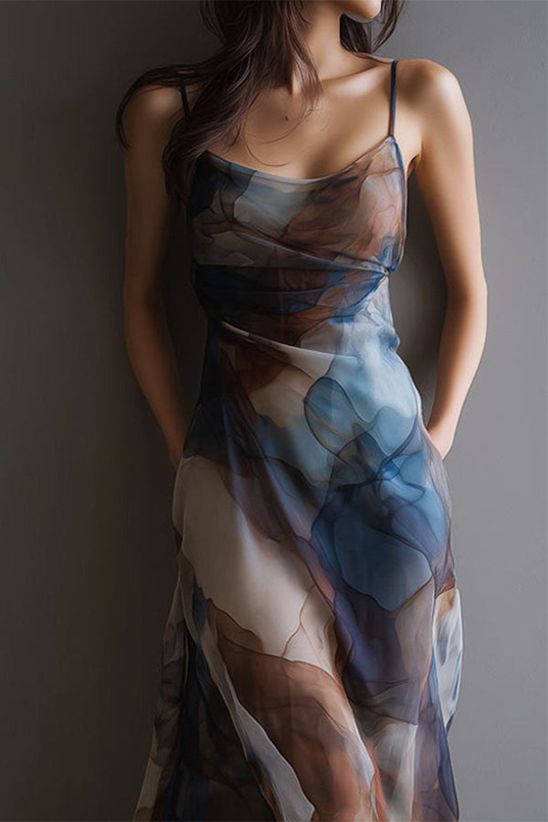 Monet's Dream Abstract Watercolor Cowl Neck Maxi Dress