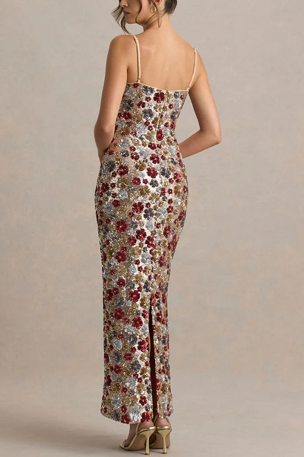 The Center of Attention Floral Print Sequin Square Neck Slip Stretch Maxi Dress