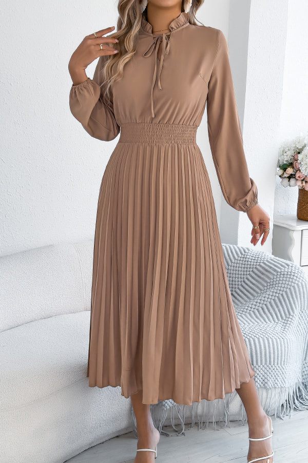 Solid Color Long-sleeved Fitted Waist Pleated Elegant Midi Dress