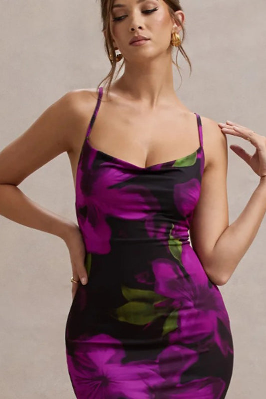 Floral Print Cowl Neck Spaghetti Strap Bodycon Midi Mini Dress
