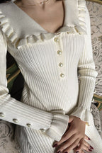 Ribbed Knit Ruffle Collar Pearl Button Bell Cuff Midi Sweater Dress