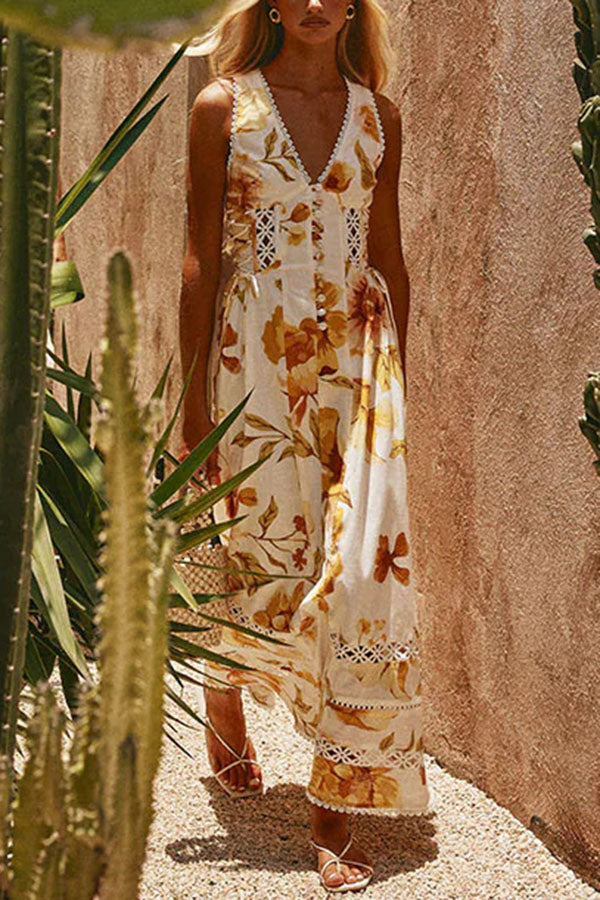 Clover Linen Blend Floral Print Cutout Trim Button Up Side Lace-up Maxi Dress