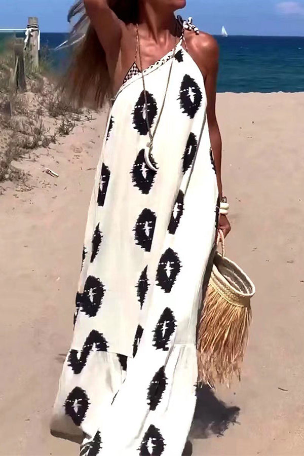 Ikat Print One Shoulder Loose Kaftan Maxi Dress