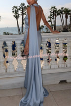 Crush on You Satin One Shoulder Backless Cape Maxi Dress