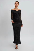 Black Strapless Mesh Long Sleeve Maxi Dress