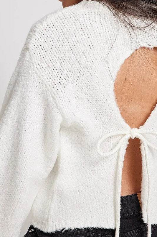 Crew-Neck Long-Sleeve Backless Tie-Knit Short Sweater