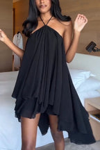 Chiffon Solid Color Halter Backless Irregular Mini Dress