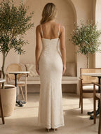 Aesthetic Lace Maxi Dress For Women - Apricot Ruched Bodycon Gown - Summer Wedding Guest Party Wear 2026