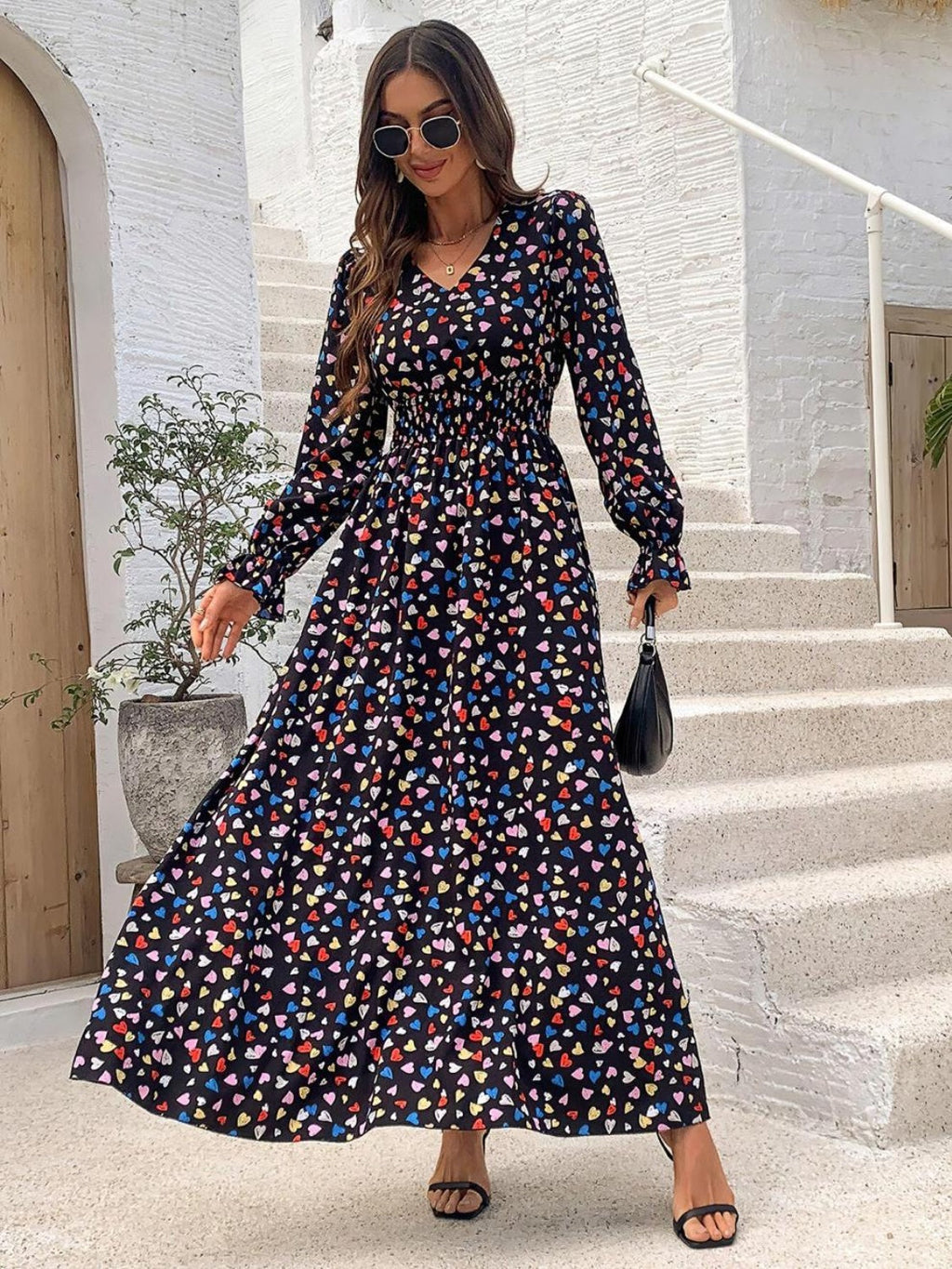 Estefanía Aesthetic Smocked Printed Dress with Flounced Sleeves and V Neck Boutique Collection