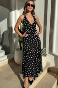 Polka Dot Halter Neck Deep V-Neck A-Line Midi Dress