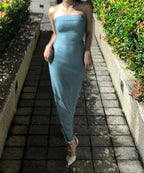 Glitter Strapless Foldover Neckline Side Ruched Tube Maxi Dress