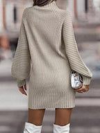 Knitted Dress Long Sleeves High Collar Elegant Mini Dress