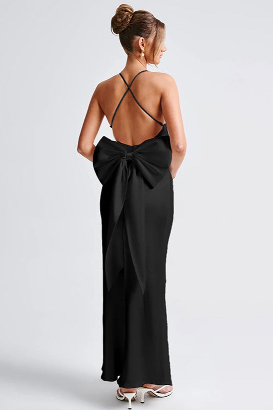 Deep V Spaghetti Strap Oversized Back Bow Satin Maxi Dress