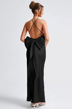 Deep V Spaghetti Strap Oversized Back Bow Satin Maxi Dress