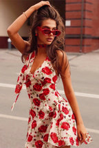 Floral Print Halter Neck Deep V-Neck Fit and Flare Mini Dress