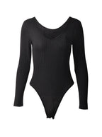 Solid Ribbed V Neck Bodysuits