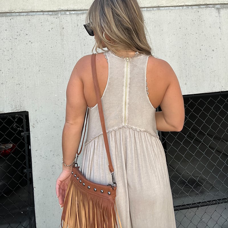 Crew Neck Tiered Seam Double Front Slit Sleeveless Maxi Dress