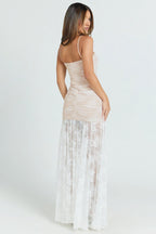 Floral Lace Sweetheart Spaghetti Strap Ruched High Split Maxi Dress