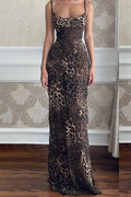 Leopard Print Spaghetti Strap Scoop Neck Bodycon Maxi Dress