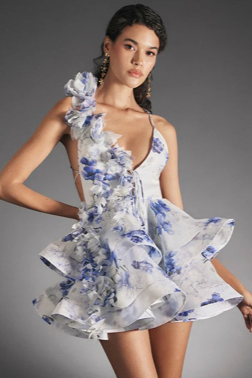 Plunging V-Neck Spaghetti Strap Floral Applique Cutout Open Back Tiered Mini Dress