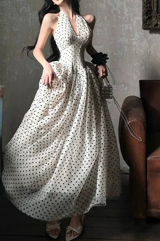 Polka Dot Halter Neck Deep V-Neck Corset Bodice Full A-Line Tulle Overlay Maxi Dress