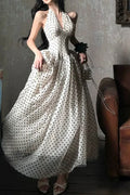 Polka Dot Halter Neck Deep V-Neck Corset Bodice Full A-Line Tulle Overlay Maxi Dress
