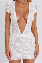 Floral Lace Deep V Twist Waist Cap Sleeve Bodycon Mini Dress