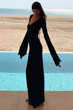 Glitter Deep V-Neck Lettuce Hem Long Sleeve Bodycon Midi Dress