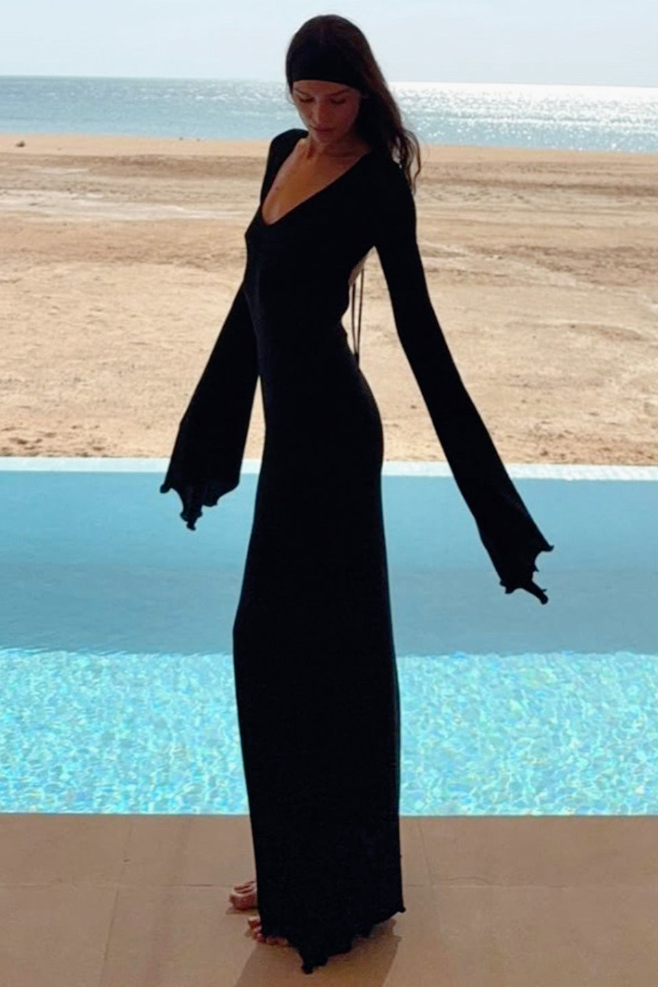 Glitter Deep V-Neck Lettuce Hem Long Sleeve Bodycon Midi Dress