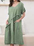New Short Sleeves V-neck Pocket Dress